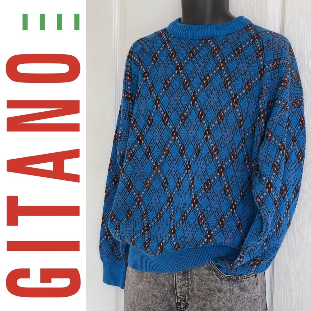 EUC vintage GITANO Sportswear 1990s cotton crewneck dad sweater, blue w/ pattern